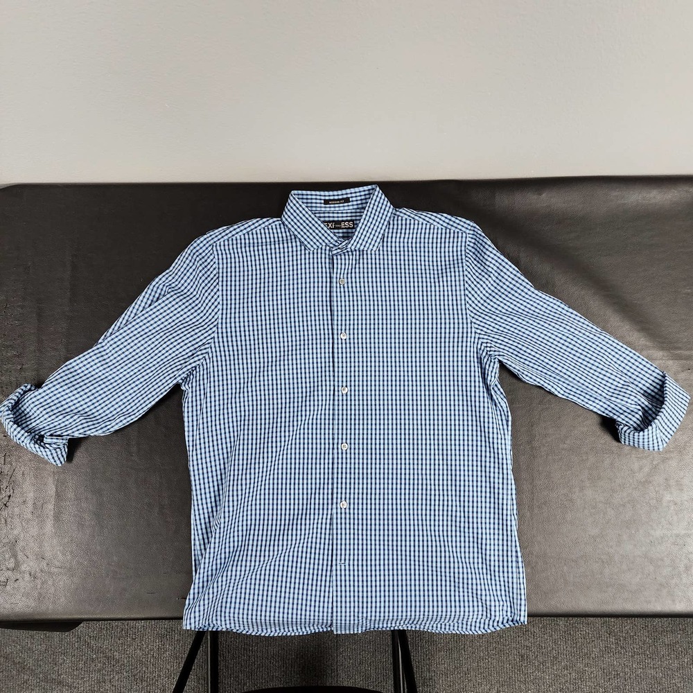 Express Men's Extra Modern Fit Blue Pattern Button Up Dress Shirt - Size Large